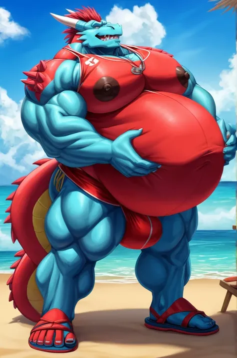 Big buff embarrassed blue cartoon dragon with a humongous ginormously over inflated beige stomach, high blue, white eyes with black pupils, big oversized bellybutton, light blue back, lifeguard tank top overhanging on top of his huge stomach, green necklac...