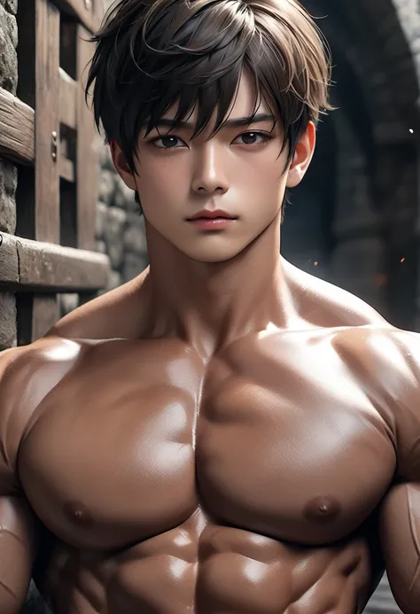 high quality, detailed, (22 years old japanese idol wrestler boy), (detailed black eyes), (black short hair), (muscle:1.5), (dark brown skin:1.3), black tiny thong, bulge,(detailed nipples), yard, dungeon, (best quality,4k,8k,highres,masterpiece:1.2), face...