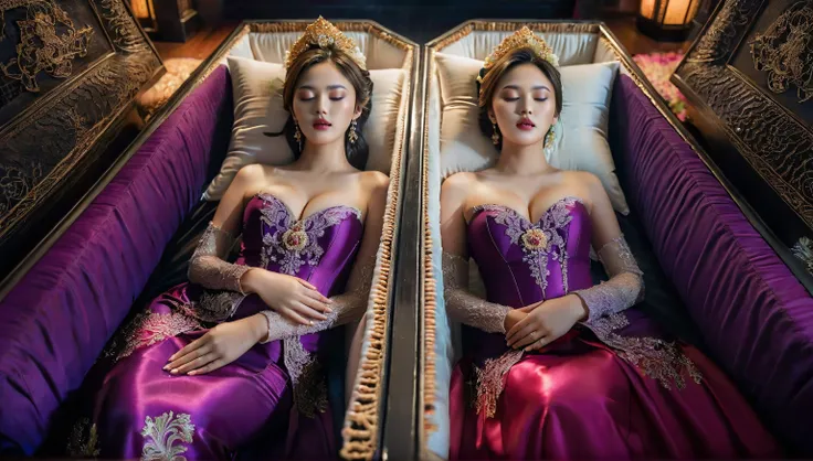 In a striking 8K HDR scene, a stunning Korean woman, 22 years old, lies peacefully in a black coffin surrounded by plush pillows. The deep box is set against a rich black background, accentuating the beauty of the subject. Her exquisite kebaya attire is em...