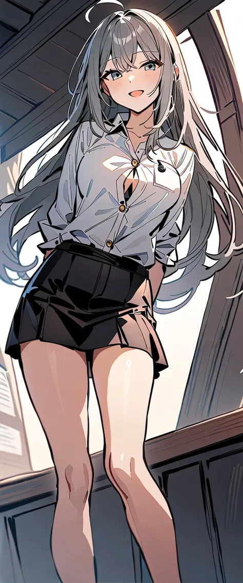 ((masterpiece, Highest quality)), (One girl), (alone), (Focus on women), (Ahoge, Gray Hair, Very long hair), Golden Eyes, Clear smile, Open your mouth, ((White shirt), (Buttoned shirt), (Gap Button)), ((Black Skirt), (Short skirt)), Are standing, White Bac...