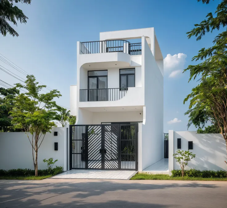 raw photo , a white minimalism woodandwhite modern house with a double story and simple architecture, surrounded by trees in the...