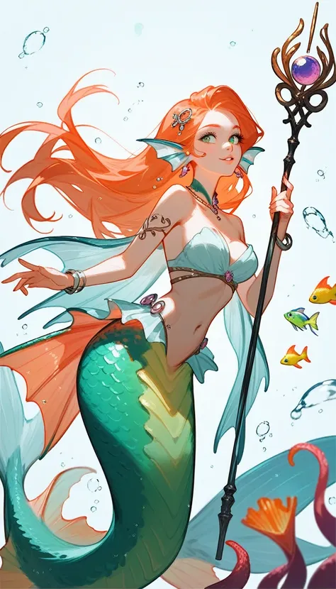 (Fraction_9,Fraction_8_Direction_7_up),1 Woman,（（（bust）））, A beautiful woman，krakens，Hair is octopus tentacles，Mermaid，美Mermaid，的美Mermaid， Green Man with Tail，The ears are fins，Holding a trident，With colorful scales，