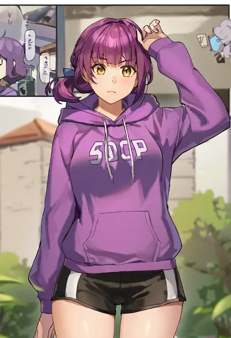 score_9, score_8_up, score_7_up, score_6_up, score_5_up, score_4_up, BREAK source_anime,rating_risky, a girl, thin, pale skin, skinny, tired expression, low ponytail, purple hair, yellow eyes, eye bags, tired expression, purple hoodie,, black shorts, tight...