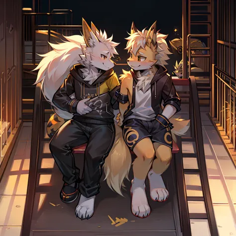 An arcanine giving a smile hugging an eevee and an umbreon, being in a playground