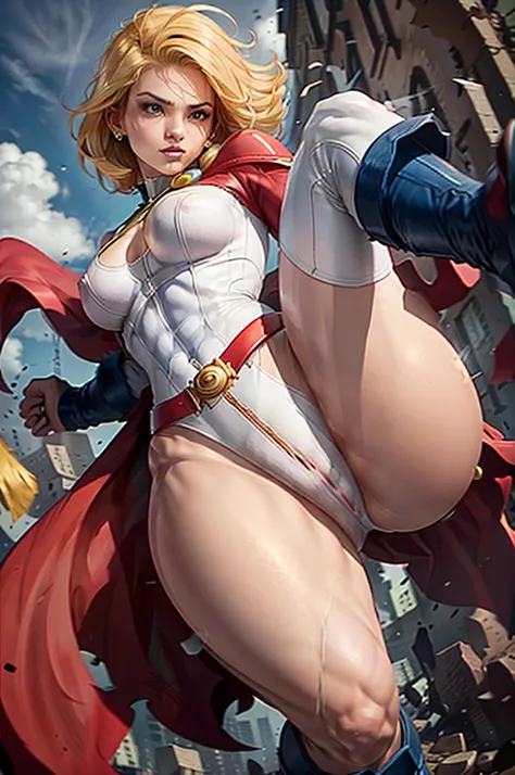 fighting PowerGirl, (cameltoe:1.3), solo, blonde_hair, white leotard, red belt, solo, blue boots, best quality, masterpiece, beautiful, anatomically correct, perfect anatomy.