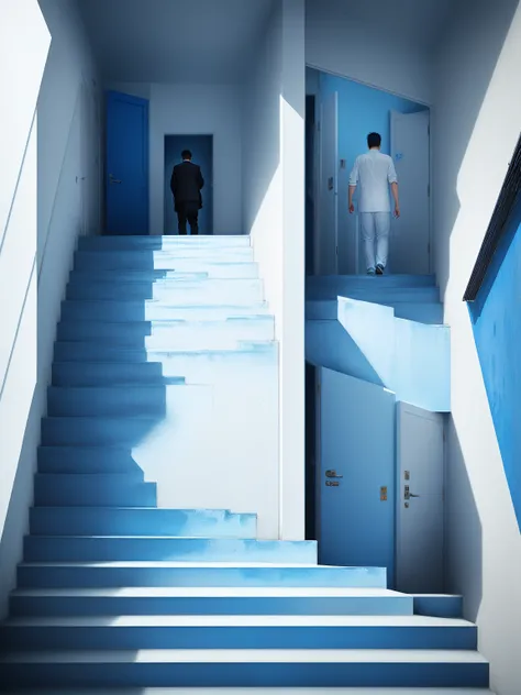 Image of a man walking down stairs, blue wall, White and blue, 主色调为White and blue, author：Tadanari Ono, Clemens Asher, Blue tint, blue walls, by Cheng Jiasui, Blue tint, rise, blue monochrome, author Kim Myeong-guk