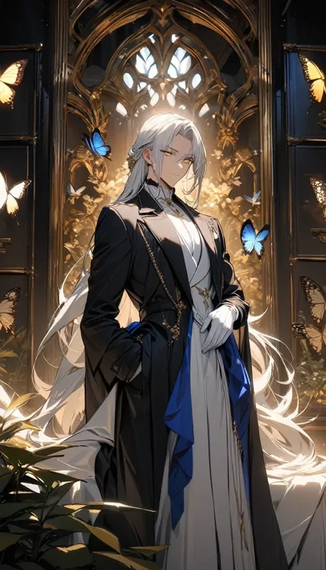 (masterpiece:1.5)，best quality，(1 Handsome man)，alone，white long length hair，(yellow eyes), (A soft smile)，elegant，perfect face，Long black trench coat，white and blue cloth，white leather gloves，white lining，Slightly muscular body，High，8K，Beautiful contrast ...