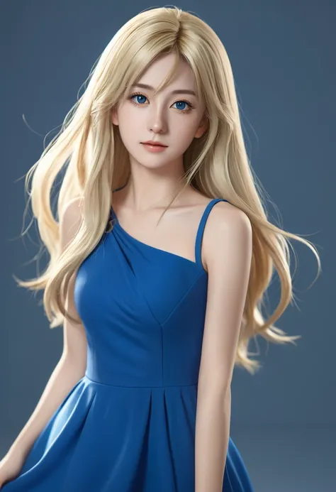 Blonde woman with long hair and blue dress posing for photo, Realistic anime art style, Realistic anime girl rendering, Smooth anime CG art, Anime realism style, realistic art style, Realistic young anime girl, Gorgeous numbers, Realistic anime 3D style, B...