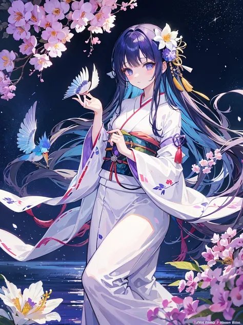 Anime illustration、masterpiece、Highest quality、One girl、Long straight black hair、Hair ornament is white flower、Eye color is green、Japanese style kimono、The obi is white、The obidome has a Mizuhiki pattern.、The background is the surface of the pond.、Lots of ...