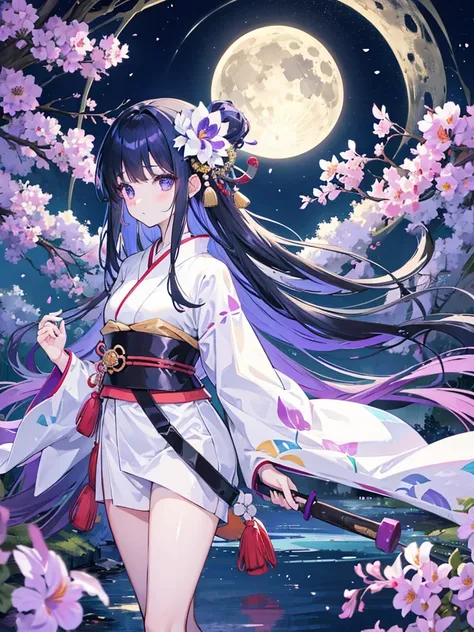 Anime illustration、masterpiece、Highest quality、One girl、Long straight black hair、Hair ornament is white flower、Eye color is green、Japanese style kimono、The obi is white、The obidome has a Mizuhiki pattern.、The background is the surface of the pond.、Lots of ...