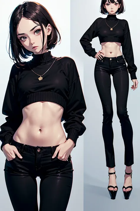 8k, original, 1girl, solo, (single object), hd, absurdres, anime style, 2d, celshade style, digital art, ((solid color background)), (short bob hair, straight hair, forehead, brunette hair), wearing ((black loose baggy sweater, long sleeves, midriff, black...