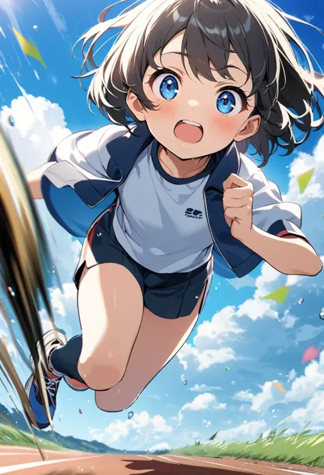 girl,Ten years old、 cute, short hair, Big blue eyes, Sprinting、blue sky