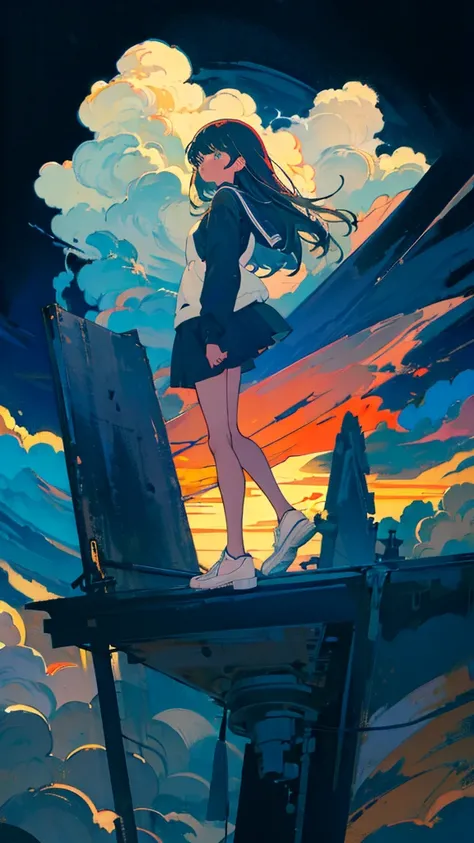 masterpiece, Exquisite detail,Highest quality, One girl, alone, handrail, cloud, Looking up at the buildings,Long Hair, zero, Long sleeve, Power lines, White footwear, Black Hair, View your viewers, Electric pole, bangs, cloudy zero, fish, bird, Green Eyes...