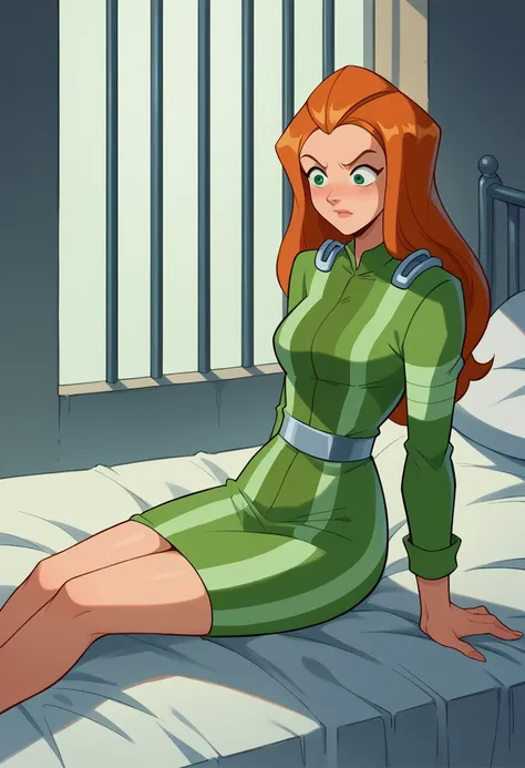 sam, totally spies, orange hair, white prisoner striped uniform, inside a jail, sitting on bed