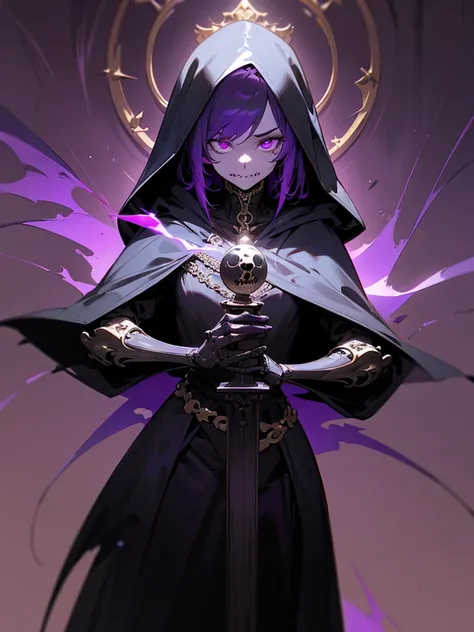 A skeletal character in a black cloak with golden details, holding an hourglass, piercing purple eye, intricate details, dark fantasy, cinematic purple lighting, chiaroscuro, moody atmosphere, dramatic, highly detailed, purple lighting, artwork, 8k