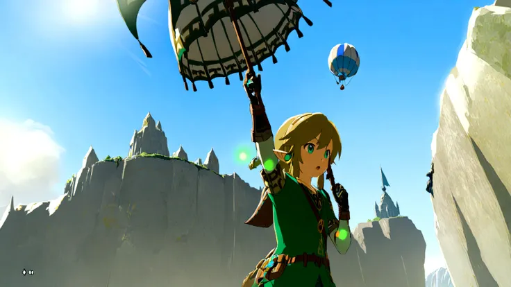 1 Boy, solo, Link uses a parasail to fly through the skies of Hyrule.、Enjoying an adventure under the blue sky。Emerald Green Mountain々spreads in the background、A dynamic scene where you can feel the sound of the wind。