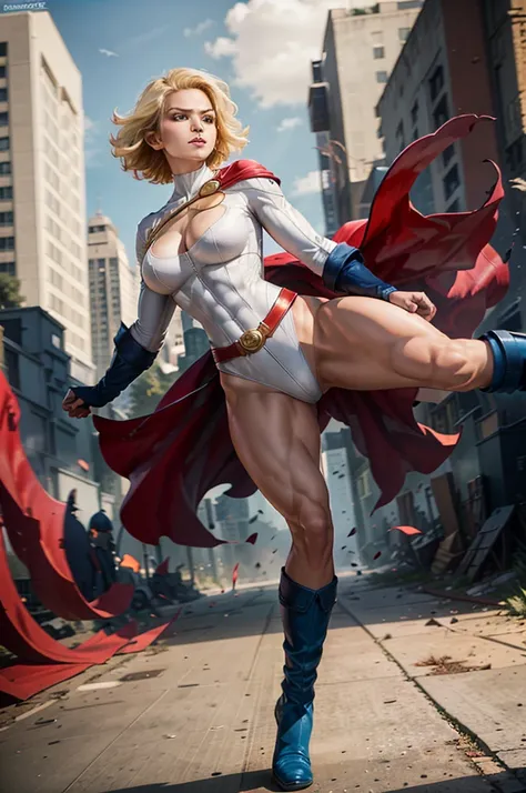 fighting PowerGirl, solo, blonde_hair, white leotard, red belt, solo, blue boots, best quality, masterpiece, beautiful, anatomically correct, perfect anatomy, ultra high res, absurdres, 4k.