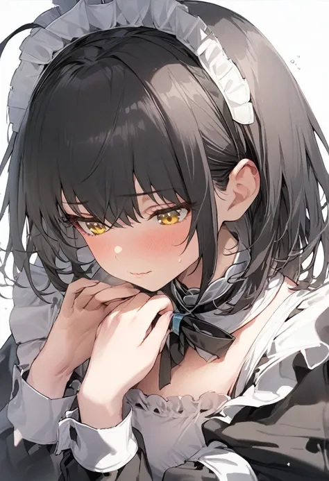 1 Girl，Maid clothes，Gray Hair，short hair，Beautiful Hands，Highest quality，masterpiece，Beautiful composition、Yellow Eyes、Severe、Eyes closed。
