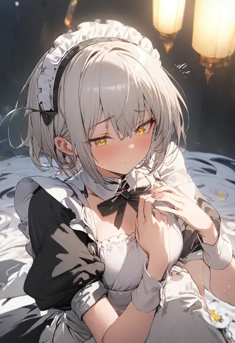 1 Girl，Maid clothes，Gray Hair，short hair，Beautiful Hands，Highest quality，masterpiece，Beautiful composition、Yellow Eyes、Severe、Eyes closed。
