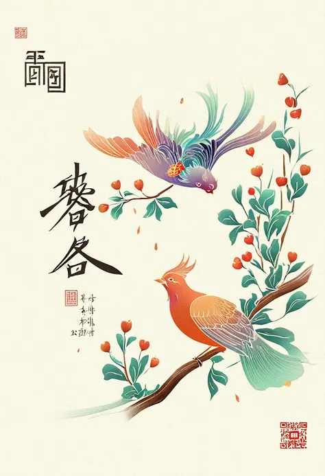 digital illustration art ，a bird of good fortune，minimalism，line，paper cut art white background, the whimper of chinese calligra...