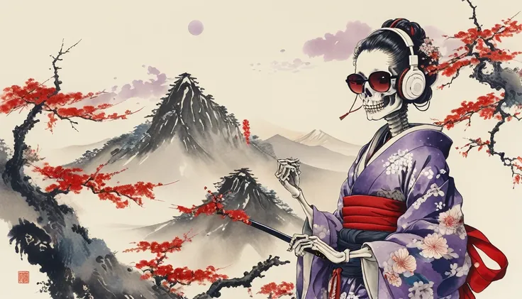 Female skeleton wearing a kimono, Light purple lens sunglasses, Katsushika Hokusai, Ink Painting, Japanese style headphones, Modern ukiyo-e style, Red Eyes, Japanese sword