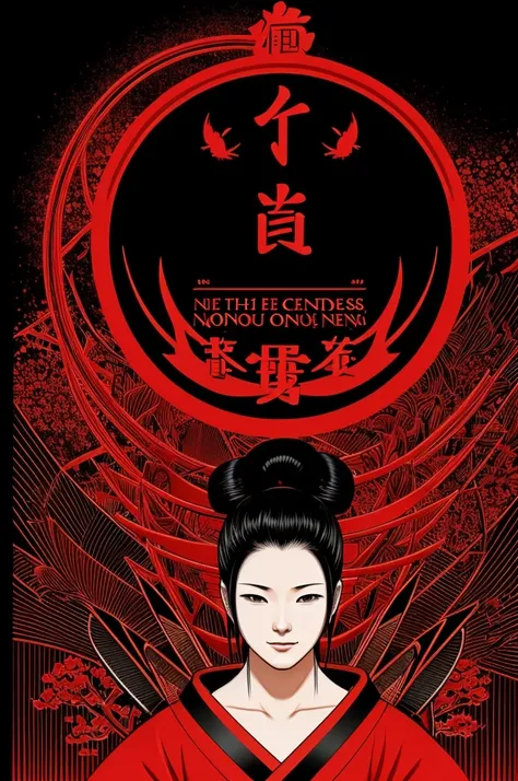 Japanese themed image, with a black and red background,and in the middle of it carry the phrase "Happiness has no end"