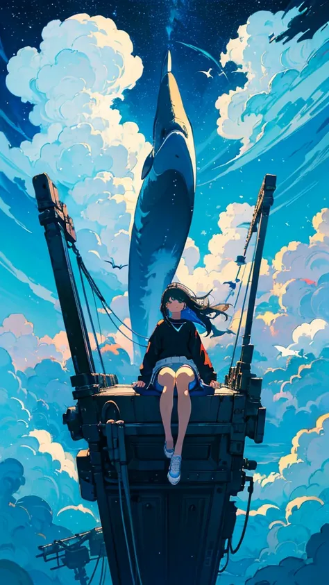 masterpiece, Exquisite detail,Highest quality, One girl, alone, handrail, cloud, Looking up at the buildings,Long Hair, zero, Long sleeve, Power lines, White footwear, Black Hair, View your viewers, Electric pole, bangs, cloudy zero, fish, bird, Green Eyes...