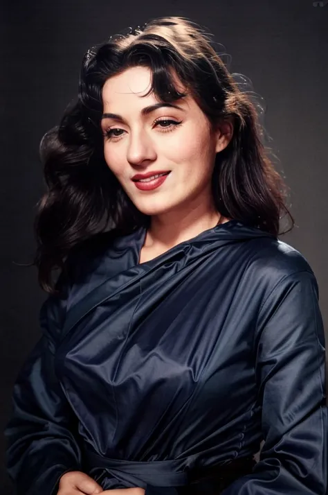 photo of mdbla woman, 50s analog look, wearing conservative elegant Navy Blue clothing,  dynamic pose, healthy skin, looking at camera, laughing, accurate anatomy, simple contrasting background, film grain  