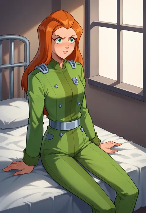 sam, totally spies, orange hair, prisoner striped white uniform, pants, inside a jail, sitting on bed, long sleeves