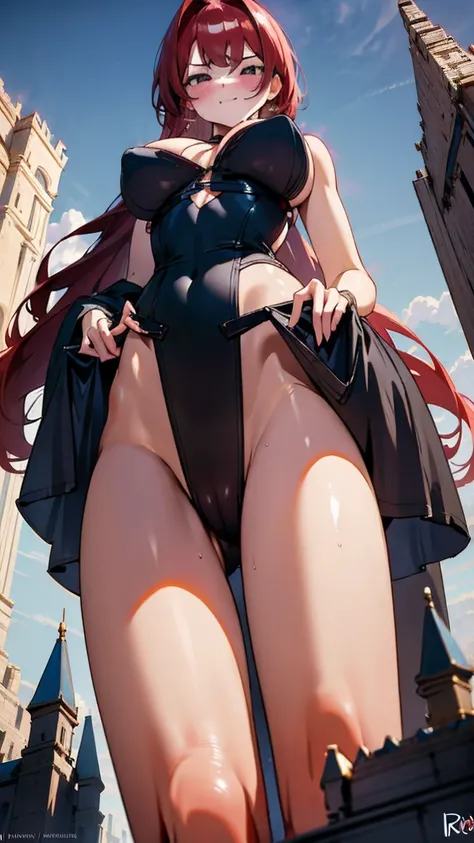 A ravishing giantess in a revealing red lingerie set, with long auburn hair and piercing blue eyes, stands provocatively over a medieval castle. Her powerful legs crush the stone walls and towers, her hands on her hips as she gazes down at the tiny knights...