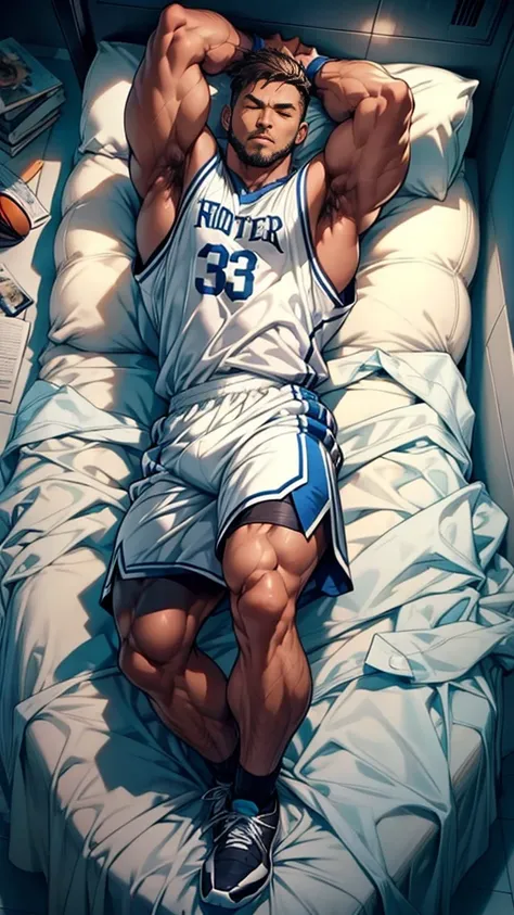 Basketball clothes，Basketball clothes上号码是八号，Nike shorts，White socks，No shoes，Lying on the endless blue bed，The hero leans back and shoots on the bed，Full body portrait，There is a basketball on the bed，Stretch your hands outward，Eyes closed，Dark skin，Dark S...