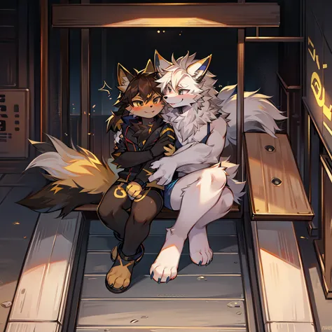 An arcanine giving a smile hugging an umbreon, being in a playground