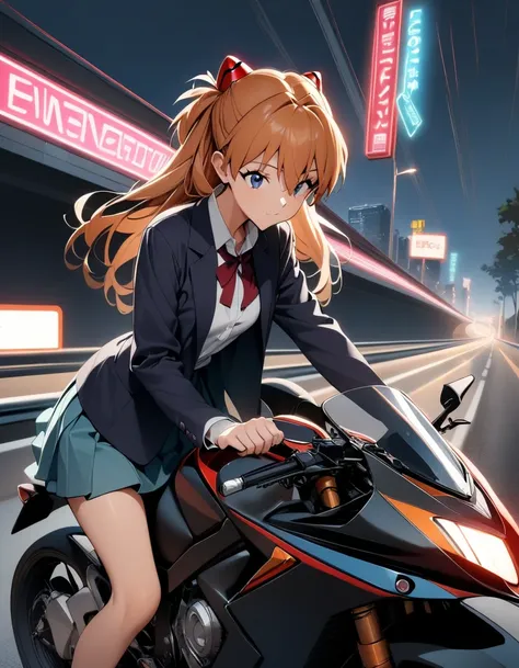 1girl, souryuu asuka langley, neon genesis evangelion, perfect body, ,blazer,shirt,skirt,riding a motorbike,straddle,highway,night,neon light,masterpiece, best quality, very aesthetic, absurdres,