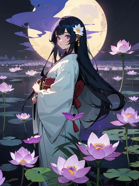 Anime illustration、masterpiece、Highest quality、One girl、Long straight black hair、Hair ornament is white flower、Eye color is green、Japanese style kimono、The obi is white、The obidome has a Mizuhiki pattern.、Posing in front of a lotus field、Lots of purple iri...