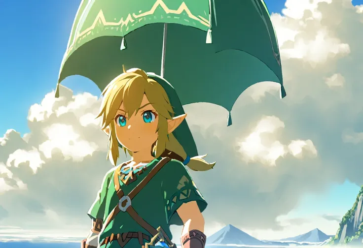 1 Boy, solo, Link uses a parasail to fly through the skies of Hyrule.、Enjoying an adventure under the blue sky。Emerald Green Mountain々spreads in the background、A dynamic scene where you can feel the sound of the wind。