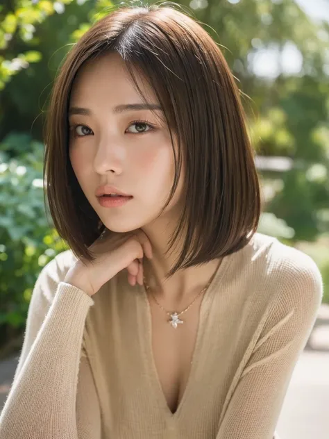 Long Bob、Bob Hair、Bobcut、(Highest quality、8K、32k、masterpiece、Hmph:1.2)、Beautiful Japanese Women Photos、Upper Body、Surface Focus、Long sleeve shirt、necklace、Simple white background、From above、Mix 4、(8K、RAW Photos、Highest quality、masterpiece:1.2)、(Realistic、P...