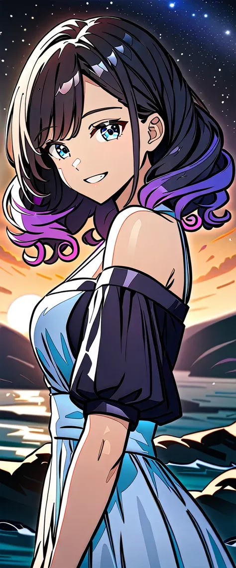 ((grin)), Eyeshadow, False eyelashes, ((off-shoulder dress:1.3, criss-cross halter)), ((white sundress)), ((cleavage)), ((high twin tails, medium hair, spiral curl hair, gradient hair, red and black hair, hair extensions, streak)), ((sunglasses, hand to su...