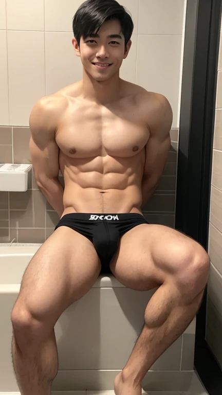 Japanese men、A strong body trained at the gym、Anatomically correct body、Sit with your legs wide open、Smiling、Relaxed atmosphere、The whole body is visible、Showing off some cool, light-colored, very revealing boxer briefs that are tight and showy、in narrow b...