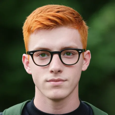 Handsome Scottish guy, orange hair, green eyes, short hair, buzzcut hair,  17 years old student, big eyeglasses 