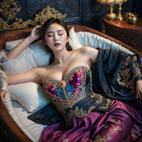 In a striking 8K HDR scene, a stunning Korean woman, 22 years old, lies peacefully in a black coffin surrounded by plush pillows. The deep box is set against a rich black background, accentuating the beauty of the subject. Her exquisite kebaya attire is em...