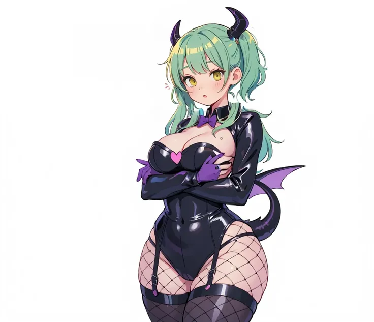 (succubus), small demonic wings, adolescent, curved ram horns, hands on chest, (retain current proportions), thin black heart shaped tail, black Japanese outfit with purple accents, large breasts, cleavage, demonic, stealth getup, (fishnet stockings)