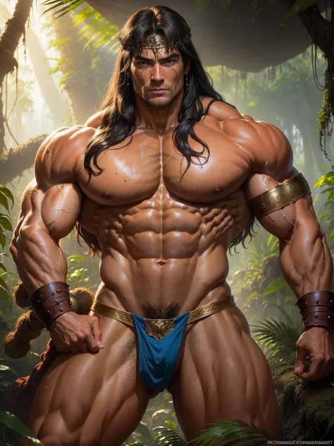 ((best quality)), ((masterpiece)), (detailed), Conan the Barbarian, nude, insanely muscular oiled body, bulge visible through loincloth, standing powerfully aroused in an ancient jungle ruin, sunlight glistening off his bulging muscles and sweat, camera zo...