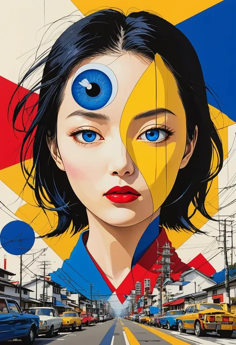 multi-layered collage,photomontage,Dadaism,eyes,distorted faces,in the style of deconstruction, cultural symbols,japonisme,minimalistic,Hiroshi Nagai,Erik Jones,eye-catching compositions, tightly cropped compositions,strong use of negative space,red,yellow...