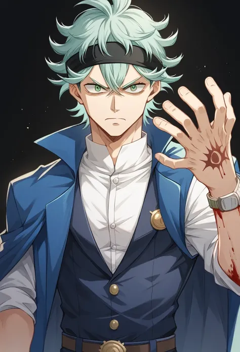 A 19 year old boy, To stay (black clover), spiky hair, messy hair, hair between the eyes, skin colored hair, green eyes, black headband,  thin arms, upset expression, Un chaleco blue suit with stripes, Una camisa de vestir celeste con las mangas remangadas...