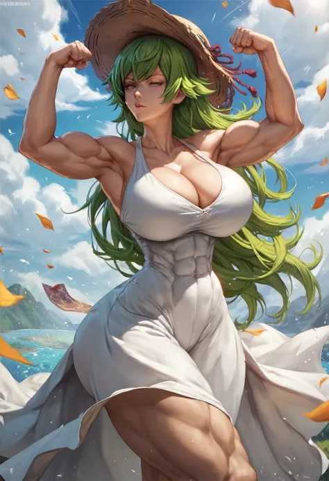 1girl, solo, masterpiece, best quality, detailed, narrow waist, wide hips, huge breasts, huge ass, score_9, score_8_up, score_7_up, shinobu oshino, long hair, summer dress, wind, cleavage, hat, abs, muscular, muscle growth, growth, flexing, motion lines, 