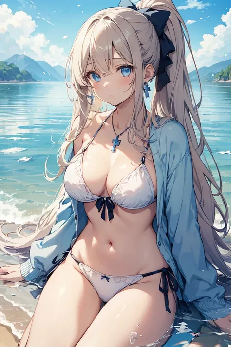 girl kawaii, a extremely delicate and beautiful girl, super fine illustrations, charactera girl, looking at viewers, lying on the lake, wet, Perfect female body, female girl, teenage girl, flowing hair, high ponytail, Long dark blond hair, hair fluttering ...