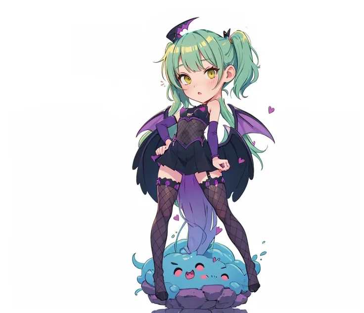 (succubus), small demonic wings, adolescent, curved ram horns, hands on chest, (retain current proportions), thin black heart shaped tail, black Japanese outfit with purple accents, breasts, demonic, (fishnet stockings)