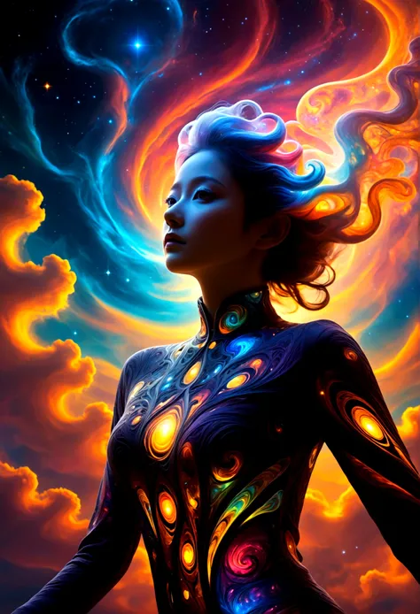 The spectacular scene：A figure emerged from the glowing clouds., Fractal nebula line, universe entities, Heavenly, universe, Lively, swirl, Rotation, unrealistic, High contrast, Symbolism, magic, mystery, mind bending, Surrealism, over-saturated, Colorfull...