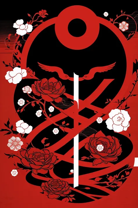 Image with the theme of Japanese culture, with a black and red background, including the phrase "Happiness has no end"