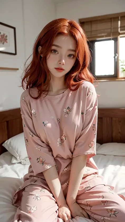 There is a woman sitting on a bed wearing a pink floral pajamas, red-haired girl, beautiful red-haired woman, red-haired woman, young red-haired girl, short bright red hair, red hair and attractive features, Anna Nikonova aka Newmilky, red-haired girl, red...